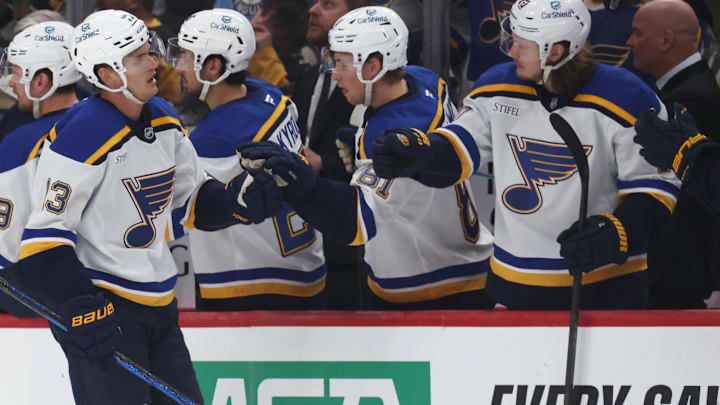 Mar 13, 2025; Pittsburgh, Pennsylvania, USA; St. Louis Blues right wing Alexey Toropchenko (13) celebrates his goal with the Blues bench against the Pittsburgh Penguins during the third period at PPG Paints Arena. Mandatory Credit: Charles LeClaire-Imagn Images