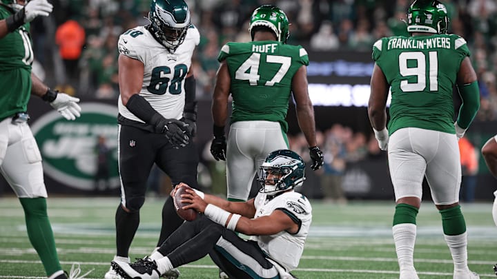 Oct 15, 2023; East Rutherford, New Jersey, USA; Philadelphia Eagles quarterback Jalen Hurts (1)