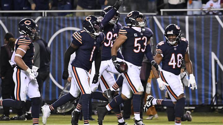 Bears linebacker T.J. Edwards celebrates with teammates after an interception against the Philadelphia Eagles during the second half Monday. Bears linebacker T.J. Edwards celebrates with teammates after an interception against the Philadelphia Eagles during the second half Monday.