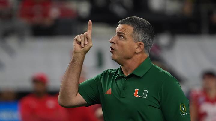 Dec 31, 2025; Arlington, TX, USA; Miami Hurricanes head coach Mario Cristobal gestures before the 2025 Cotton Bowl and quarterfinal game of the College Football Playoff against the Ohio State Buckeyes at AT&T Stadium. Mandatory Credit: Raymond Carlin III-Imagn Images