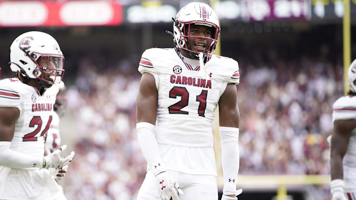 Oct 28, 2023; College Station, Texas, USA; South Carolina Gamecocks defensive back Nick Emmanwori (21) reacts to a referee call during the second half in a game against Texas A&M Aggies at Kyle Field. Mandatory Credit: Dustin Safranek-Imagn Images Oct 28, 2023; College Station, Texas, USA; South Carolina Gamecocks defensive back Nick Emmanwori (21) reacts to a referee call during the second half in a game against Texas A&M Aggies at Kyle Field. Mandatory Credit: Dustin Safranek-Imagn Images
