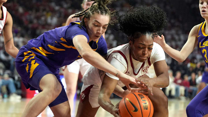 Oklahoma Sooners forward Sahara Williams battles for the basketball against LSU.