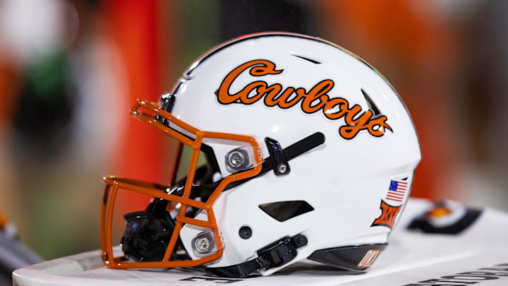 Sep 9, 2023; Tempe, Arizona, USA; Detailed view of an Oklahoma State Cowboys helmet at Mountain America Stadium. Mandatory Credit: Mark J. Rebilas-Imagn Images
