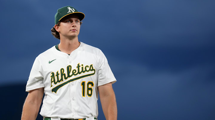 Athletics first baseman Nick Kurtz (16) walks towards the dugout before the start of the game against the Houston Astros at Sutter Health Park. 