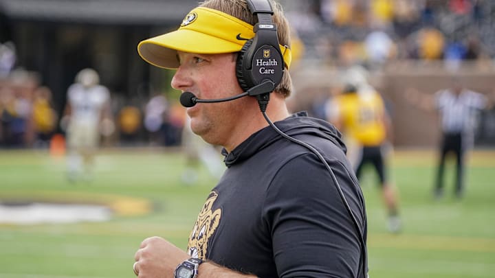 Oct 22, 2022; Columbia, Missouri, USA; Missouri Tigers head coach Eli Drinkwitz on the sidelines against the Vanderbilt Commodores during the first half of the game at Faurot Field at Memorial Stadium. Mandatory Credit: Denny Medley-Imagn Images