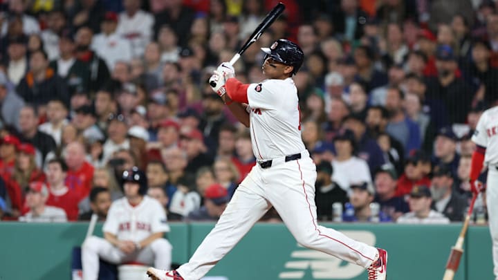 Apr 16, 2024; Boston, Massachusetts, USA; Boston Red Sox third baseman Rafael Devers (11) swings the bat.
