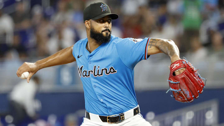 Jun 22, 2025; Miami, Florida, USA;  Miami Marlins starting pitcher Sandy Alcantara (22) pitches against the Atlanta Braves during the first inning at loanDepot Park.
