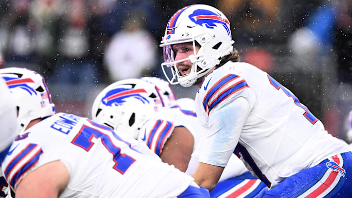 Dec 14, 2025; Foxborough, Massachusetts, USA; Buffalo Bills quarterback Josh Allen (17) prepares for a snap against the New England Patriots during the second half at Gillette Stadium. Dec 14, 2025; Foxborough, Massachusetts, USA; Buffalo Bills quarterback Josh Allen (17) prepares for a snap against the New England Patriots during the second half at Gillette Stadium.