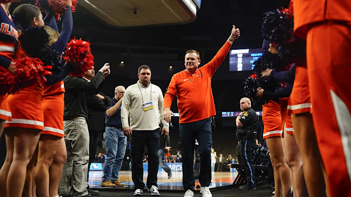 Mar 23, 2024; Omaha, NE, USA; Illinois Fighting Illini head coach Brad Underwood gestures after the game against the Duquesne Dukes in the second round of the 2024 NCAA Tournament at CHI Health Center Omaha. Mandatory Credit: Dylan Widger-Imagn Images