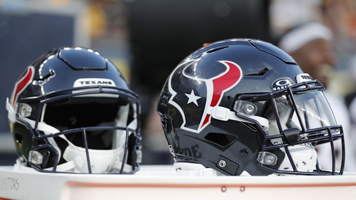 Aug 9, 2024; Pittsburgh, Pennsylvania, USA;  Houston Texans helmets sit on an equipment trunk during the second quarter against the Pittsburgh Steelers at Acrisure Stadium. Mandatory Credit: Charles LeClaire-Imagn Images