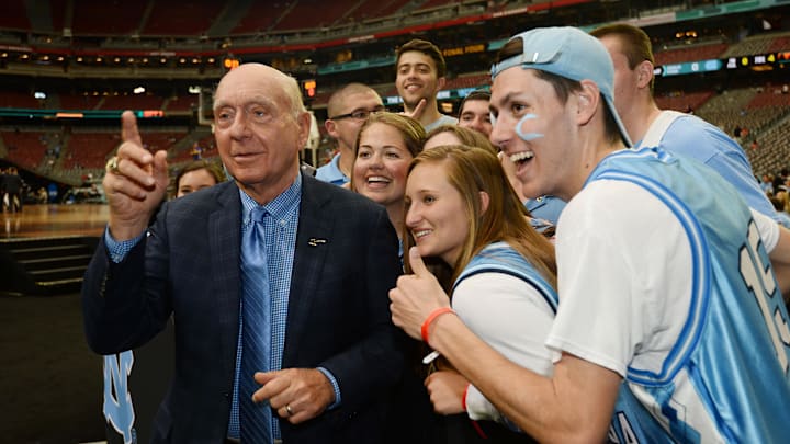 Apr 3, 2017; Phoenix, AZ, USA; Television personality Dick Vitale poses for a photo with North Carolina Tar Heels fans before the championship game of the 2017 NCAA Men's Final Four against the Gonzaga Bulldogs at University of Phoenix Stadium. Mandatory Credit: Joe Camporeale-Imagn Images