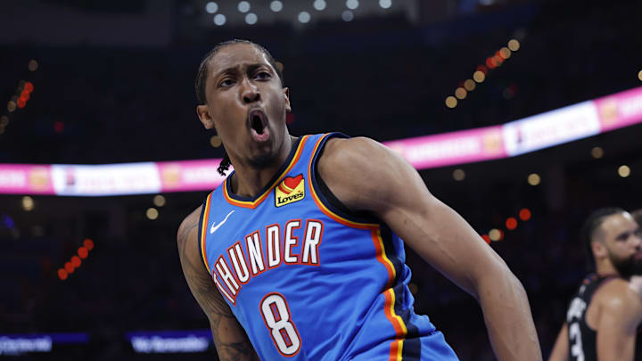 Apr 19, 2026; Oklahoma City, Oklahoma, USA; Oklahoma City Thunder guard Jalen Williams (8) celebrates after scoring against the Phoenix Suns in the second half during game one of the first round of the 2026 NBA Playoffs at Paycom Center. Mandatory Credit: Alonzo Adams-Imagn Images