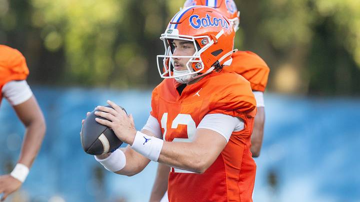Florida 2026-2027 quarterback Aaron Philo (12) throws during Florida football practice at Heavener Football Complex in Gainesville, FL on Tuesday, August 18, 2026. [Alan Youngblood/Gainesville Sun]