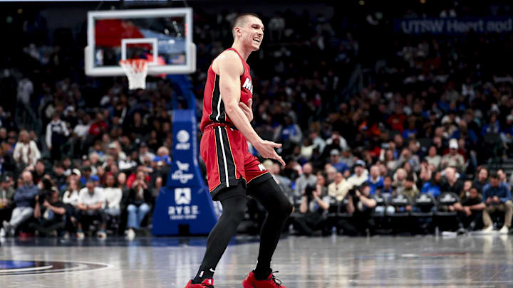 Feb 13, 2025; Dallas, Texas, USA;  Miami Heat guard Tyler Herro (14) reacts after scoring during the second half against the Dallas Mavericks at American Airlines Center. Mandatory Credit: Kevin Jairaj-Imagn Images