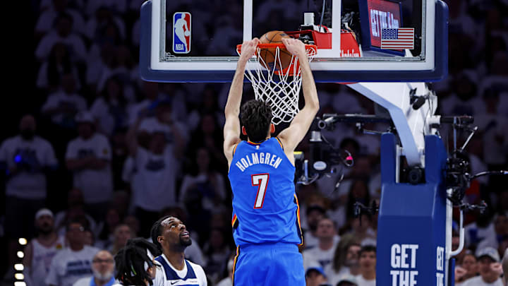 May 28, 2025; Oklahoma City, Oklahoma, USA; Oklahoma City Thunder forward Chet Holmgren (7) dunks the ball against the Minnesota Timberwolves during the second quarter in game five of the Western Conference Finals at Paycom Center. Mandatory Credit: Alonzo Adams-Imagn Images