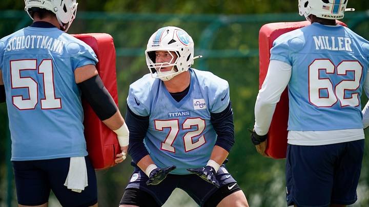 Tennessee Titans tackle Ryan Hayes (72) sets up for a drill during OTAs at Vanderbilt Health Football Center in Nashville, Tenn., Thursday, June 11, 2026. Tennessee Titans tackle Ryan Hayes (72) sets up for a drill during OTAs at Vanderbilt Health Football Center in Nashville, Tenn., Thursday, June 11, 2026.