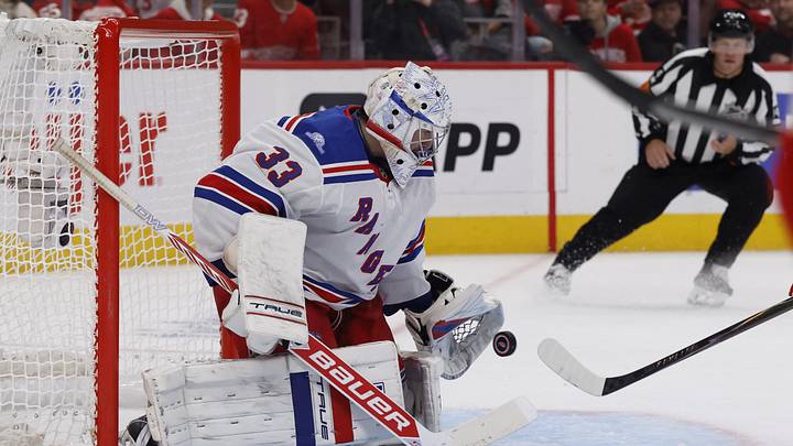 Oct 2, 2026; Detroit, Michigan, USA; New York Rangers goalie Dylan Garand makes a save in the second period against the Detroit Red Wings at Little Caesars Arena. Mandatory Credit: Rick Osentoski-Imagn Images Oct 2, 2026; Detroit, Michigan, USA; New York Rangers goalie Dylan Garand makes a save in the second period against the Detroit Red Wings at Little Caesars Arena. Mandatory Credit: Rick Osentoski-Imagn Images