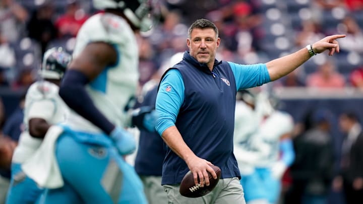 Tennessee Titans Head Coach Mike Vrabel runs his team through warmups before their game against the Houston Texans at NRG Stadium in Houston, Texas., Sunday, Dec. 31, 2023. Vrabel was fired by owner Amy Adams Strunk Monday after having two losing seasons back-to-back.