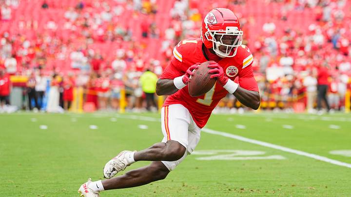 Aug 15, 2026; Kansas City, Missouri, USA; Kansas City Chiefs wide receiver Xavier Worthy (1) warms up prior to a game against the Los Angeles Rams at Arrowhead Stadium. Mandatory Credit: Jay Biggerstaff-Imagn Images