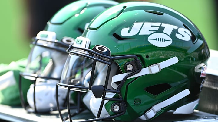 Sep 12, 2021; Charlotte, North Carolina, USA;  New York Jets helmets on the sidelines at Bank of America Stadium. Mandatory Credit: Bob Donnan-Imagn Images