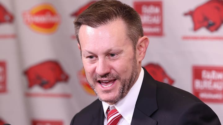 Arkansas Razorbacks head coach Ryan Silverfield during his introductory press conference at Frank Broyles Center.
