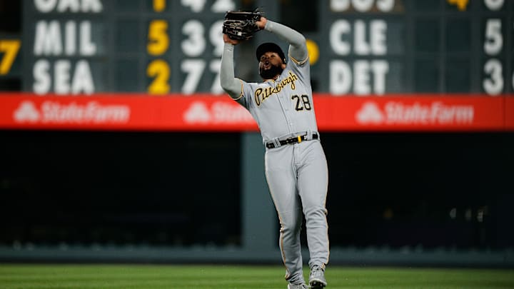 Apr 17, 2023; Denver, Colorado, USA; Pittsburgh Pirates right fielder Canaan Smith-Njigba (28) makes