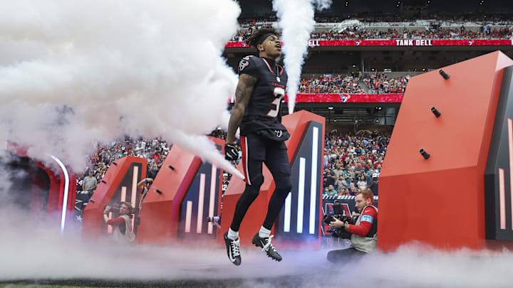 Dec 15, 2024; Houston Texans wide receiver Tank Dell (3) runs onto the field before the game against the Miami Dolphins at NRG Stadium. Mandatory Credit: Troy Taormina-Imagn Images