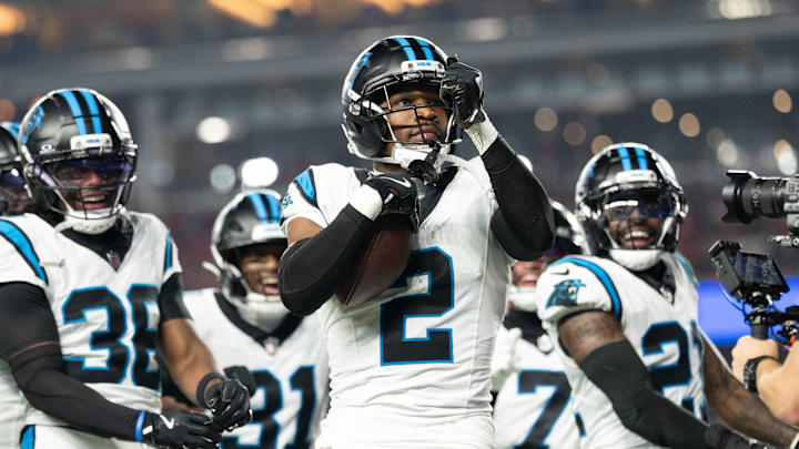 November 24, 2025; Santa Clara, California, USA; Carolina Panthers cornerback Mike Jackson (2) during the second quarter against the San Francisco 49ers at Levi's Stadium. Mandatory Credit: Kyle Terada-Imagn Images November 24, 2025; Santa Clara, California, USA; Carolina Panthers cornerback Mike Jackson (2) during the second quarter against the San Francisco 49ers at Levi's Stadium. Mandatory Credit: Kyle Terada-Imagn Images