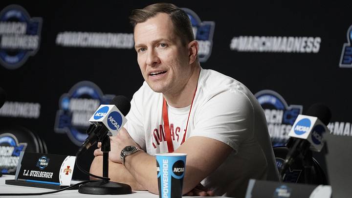 Mar 24, 2022; Chicago, IL, USA; Iowa State Cyclone head coach T.J. Otzelberger speaks to the media at United Center. Mar 24, 2022; Chicago, IL, USA; Iowa State Cyclone head coach T.J. Otzelberger speaks to the media at United Center.