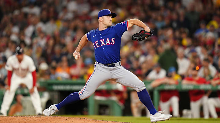 Aug 12, 2024; Boston, Massachusetts, USA; Texas Rangers relief pitcher David Robertson (37) throws a pitch against the Boston Red Sox in the seventh inning at Fenway Park. Mandatory Credit: David Butler II-Imagn Images