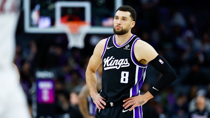 Jan 20, 2026; Sacramento, California, USA; Sacramento Kings guard Zach LaVine (8) looks on against the Miami Heat during the third quarter at Golden 1 Center. 
