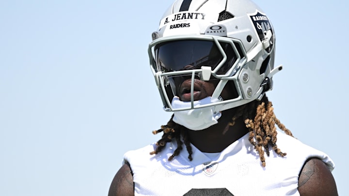 Jun 11, 2025; Henderson, NV, USA; Las Vegas Raiders running back Ashton Jeanty (2) looks on between drills during Las Vegas Raiders Minicamp at Intermountain Health Performance Center. Mandatory Credit: Candice Ward-Imagn Images