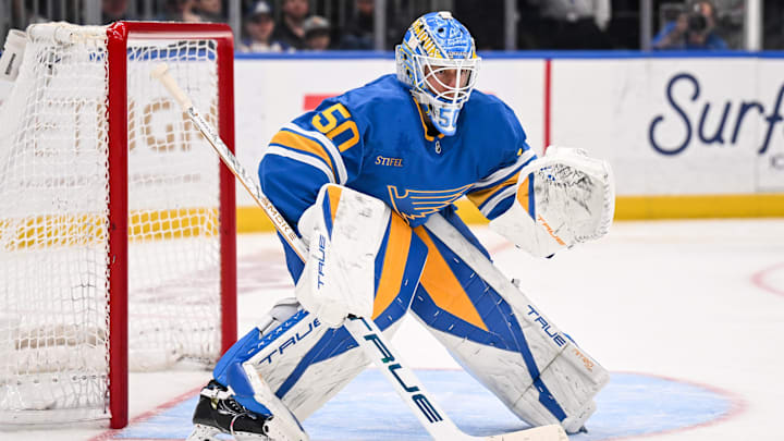 Apr 14, 2026; St. Louis, Missouri, USA; St. Louis Blues goaltender Jordan Binnington (50) defends the net during the third period against the Pittsburgh Penguins at Enterprise Center. Mandatory Credit: Connor Hamilton-Imagn Images