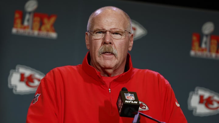 Feb 6, 2025; New Orleans, LA, USA;  Kansas City Chiefs head coach Andy Reid during a press conference in advance of Super Bowl LIX at New Orleans Marriott. Mandatory Credit: Stephen Lew-Imagn Images