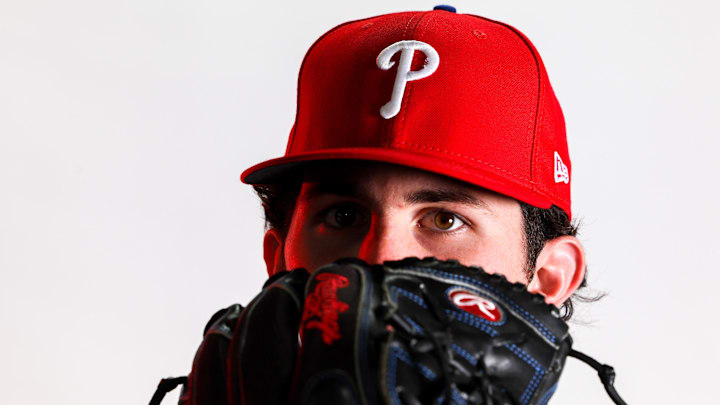 Feb 23, 2023; Clearwater, FL, USA; Philadelphia Phillies pitcher Andrew Painter (76) during photo day at BayCare Ballpark. 