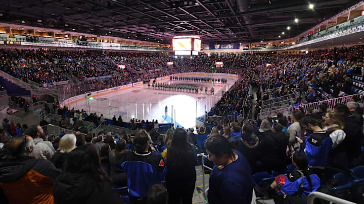 Nov 30, 2024; Toronto, ON, CANADA;  A general view of the Coca Cola Coliseu during anthems before the Boston Fleet play the Toronto Sceptres at Coca-Cola Coliseum. Mandatory Credit: Dan Hamilton-Imagn Images
