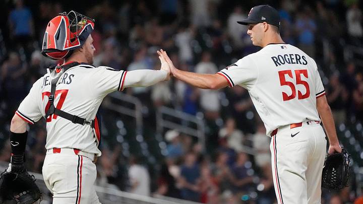 Minnesota Twins catcher Ryan Jeffers (27) and relief pitcher Taylor Rogers (55) celebrate the win over the Baltimore Orioles. Minnesota Twins catcher Ryan Jeffers (27) and relief pitcher Taylor Rogers (55) celebrate the win over the Baltimore Orioles.