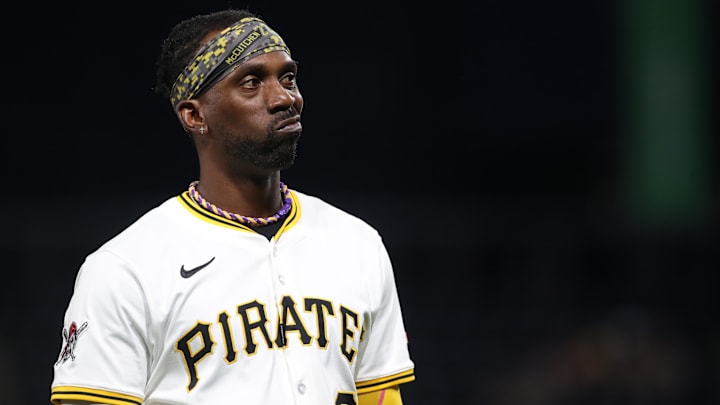 Apr 29, 2025; Pittsburgh, Pennsylvania, USA;  Pittsburgh Pirates designated hitter Andrew McCutchen (22) reacts to a Chicago Cubs pitching change during the sixth inning at PNC Park. Mandatory Credit: Charles LeClaire-Imagn Images