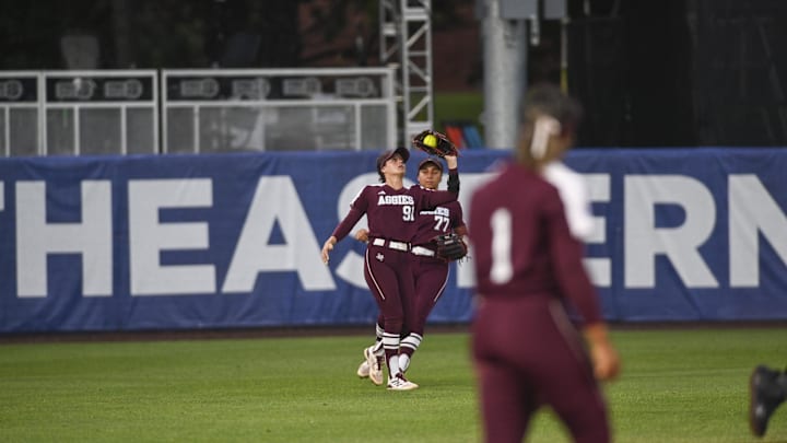May 10, 2024; Auburn, AL, USA;  Texas A&M Aggies outfielder Kramer Eschete (91) catches a ball for an out against the Florida Gators at Jane B. Moore Field. Mandatory Credit: Julie Bennett-Imagn Images