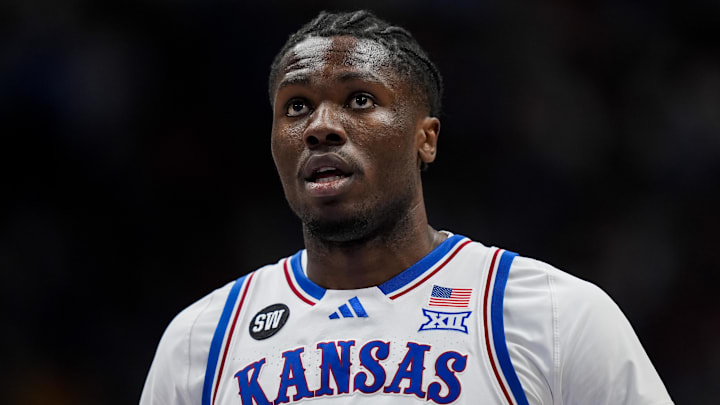 Jan 24, 2026; Columbia, Missouri, USA; Kansas Jayhawks forward Flory Bidunga (40) reacts during the second half against the BYU Cougars at Mizzou Arena. Mandatory Credit: Jay Biggerstaff-Imagn Images