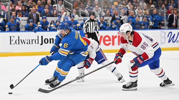 Oct 27, 2026; St. Louis, Missouri, USA; Montreal Canadiens left wing Alexandre Texier (85) battles St. Louis Blues defenseman Philip Broberg (6) for the puck in the second period at Enterprise Center. Mandatory Credit: Joe Puetz-Imagn Images Oct 27, 2026; St. Louis, Missouri, USA; Montreal Canadiens left wing Alexandre Texier (85) battles St. Louis Blues defenseman Philip Broberg (6) for the puck in the second period at Enterprise Center. Mandatory Credit: Joe Puetz-Imagn Images