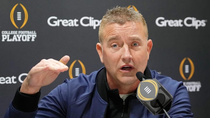 Jan 18, 2025; Atlanta, GA, USA; Kirk Herbstreit talks to the media during 2025 CFP National Championship Media Day at Georgia World Congress Center, Building A. Mandatory Credit: Kirby Lee-Imagn Images