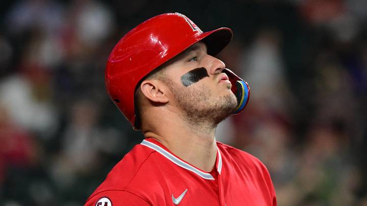 Los Angeles Angels center fielder Mike Trout (27) looks on
