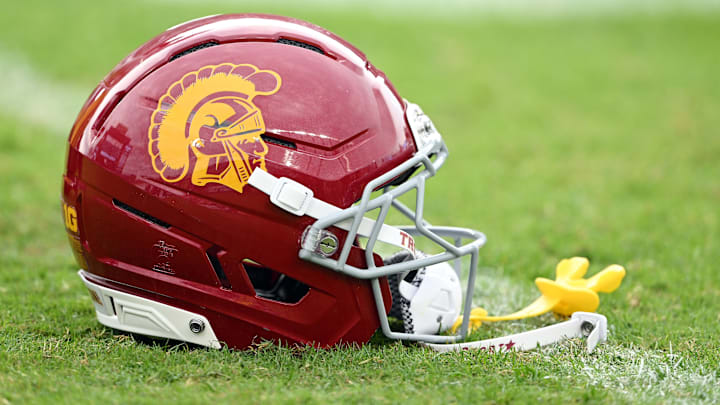 Sep 13, 2025; West Lafayette, Indiana, USA; A Southern California Trojans helmet sits on the field before the game against the Purdue Boilermakers at Ross-Ade Stadium. Mandatory Credit: Marc Lebryk-Imagn Images