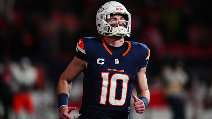 Dec 2, 2024; Denver, Colorado, USA; Denver Broncos quarterback Bo Nix (10) before the start of the game against the Cleveland Browns at Empower Field at Mile High. Dec 2, 2024; Denver, Colorado, USA; Denver Broncos quarterback Bo Nix (10) before the start of the game against the Cleveland Browns at Empower Field at Mile High.