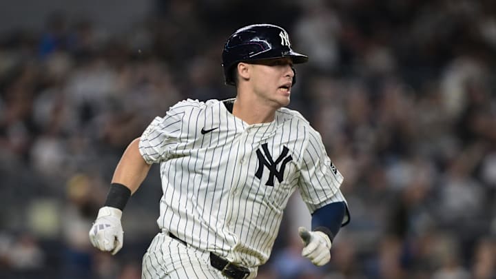 Sep 23, 2025; Bronx, New York, USA; New York Yankees shortstop Anthony Volpe (11) runs the bases after hitting a single against the Chicago White Sox during the ninth inning at Yankee Stadium. Mandatory Credit: John Jones-Imagn Images