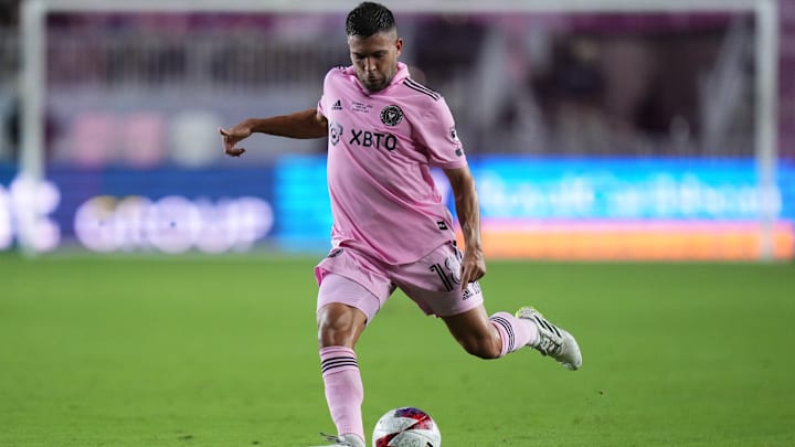 Inter Miami's Jordi Alba looks to cross during a recent postseason friendly match with New York City FC.