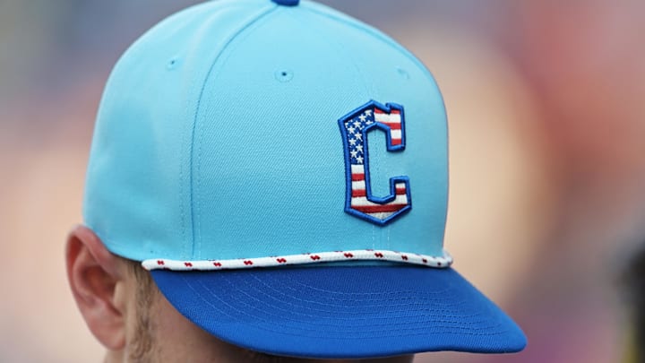 Jul 4, 2025: A detail of the Cleveland Guardians Fourth of July hat before the game between the Guardians and the Detroit Tigers at Progressive Field. 
