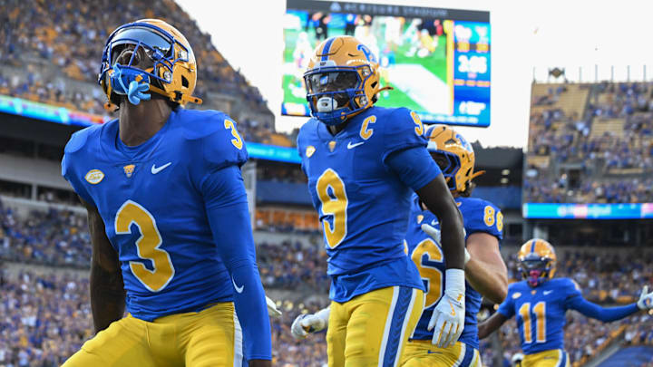 Sep 14, 2024; Pittsburgh, Pennsylvania, USA; Pittsburgh Panthers wide receiver Daejon Reynolds (3) celebrates after a touchdown reception against the West Virginia Mountaineers in the fourth quarter )at Acrisure Stadium. Mandatory Credit: Barry Reeger-Image Images