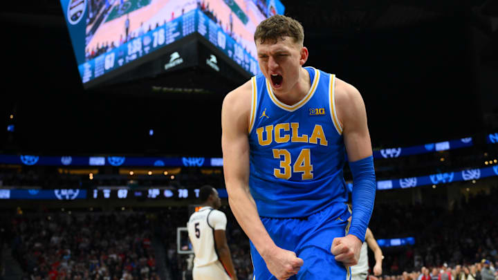 Dec 13, 2025; Seattle, Washington, USA; UCLA Bruins forward Tyler Bilodeau (34) reacts to making a basket against the Gonzaga Bulldogs during the second half at Climate Pledge Arena. Mandatory Credit: Steven Bisig-Imagn Images